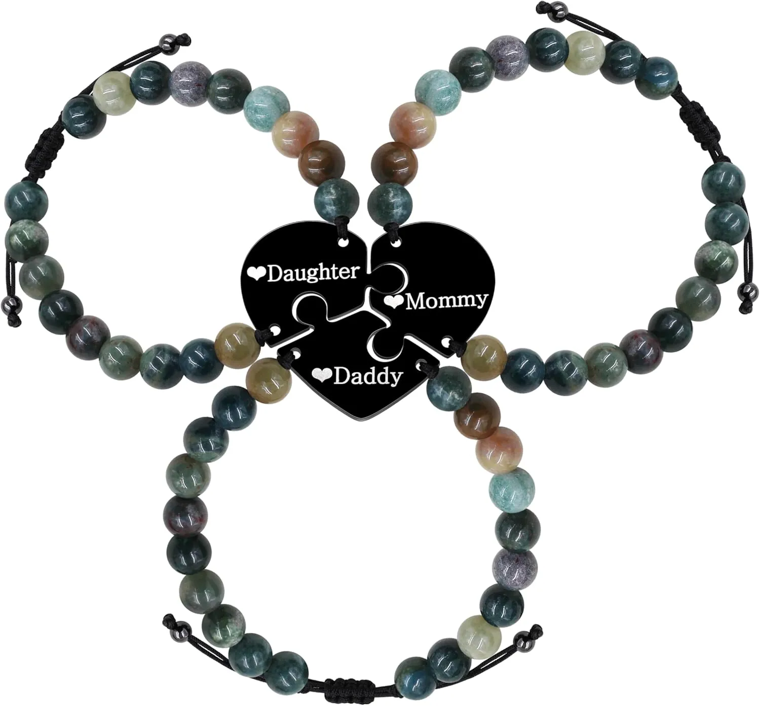 Uloveido 3pcs Adjustable Indian Agate Beaded Bracelet for Best Friends Mom Dad, Black Stainless Steel Puzzle Heart Bracelets for 3, Friend and Family Commemorative Gift Y4110-Y4113