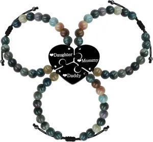 Uloveido 3pcs Adjustable Indian Agate Beaded Bracelet for Best Friends Mom Dad, Black Stainless Steel Puzzle Heart Bracelets for 3, Friend and Family Commemorative Gift Y4110-Y4113