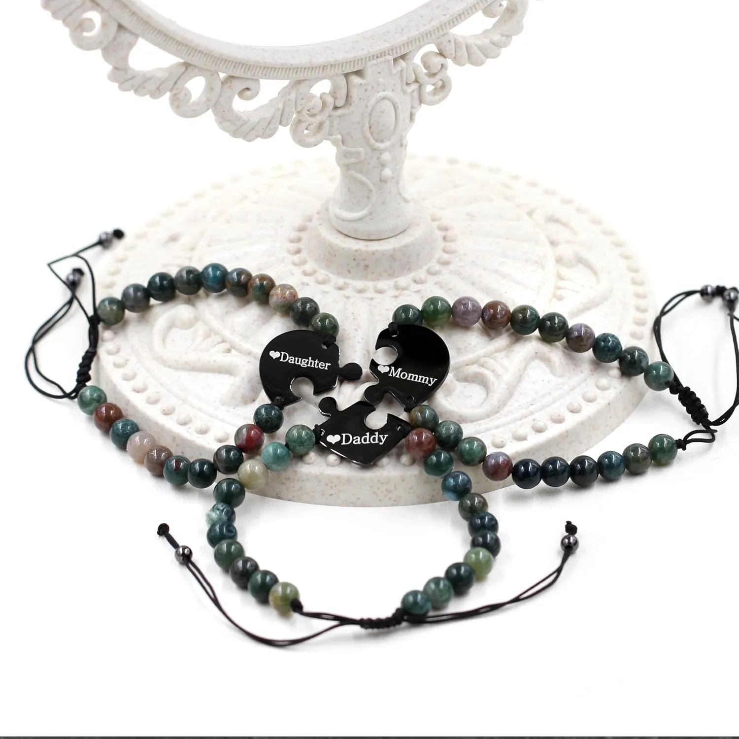 Uloveido 3pcs Adjustable Indian Agate Beaded Bracelet for Best Friends Mom Dad, Black Stainless Steel Puzzle Heart Bracelets for 3, Friend and Family Commemorative Gift Y4110-Y4113