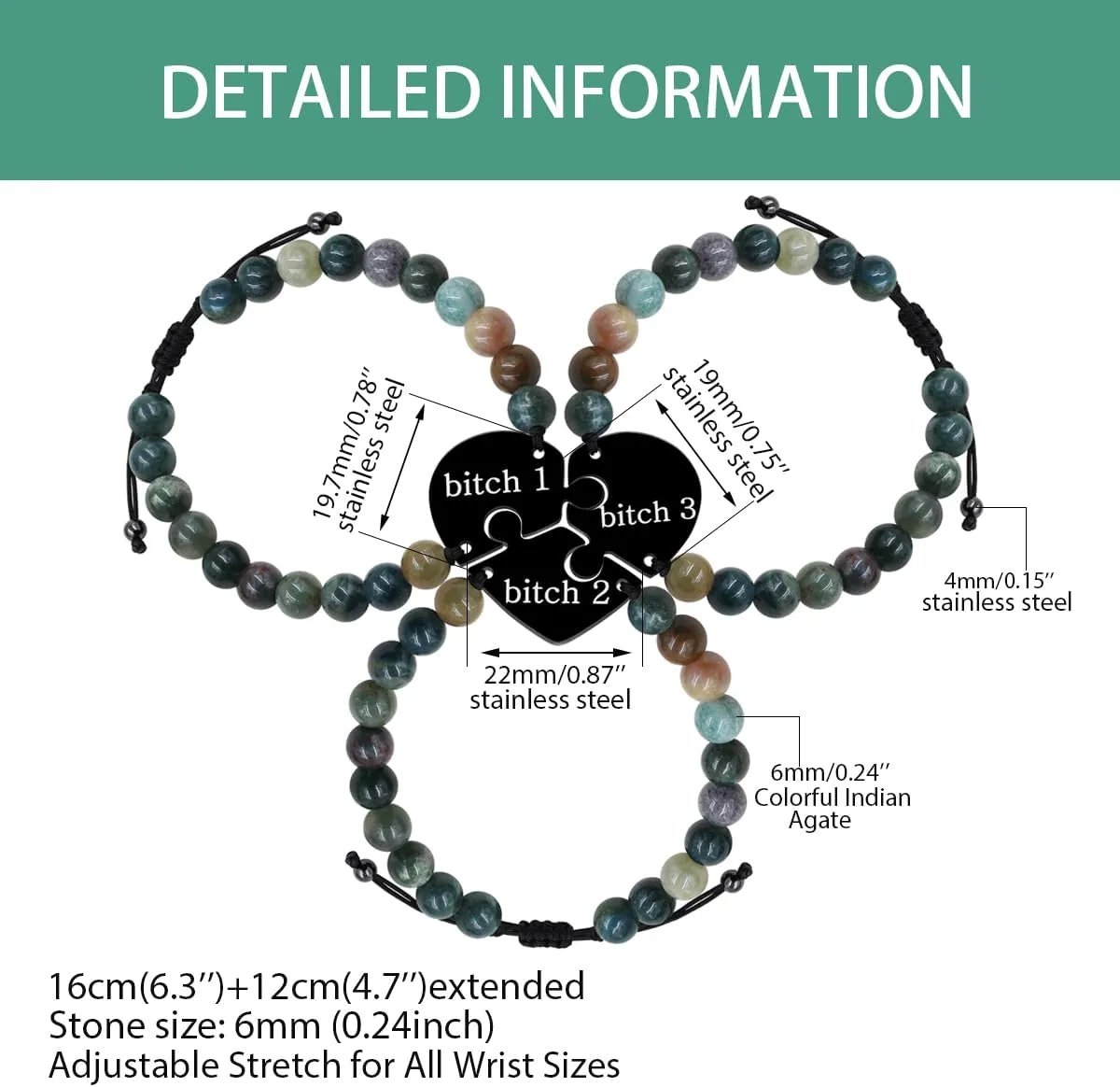 Uloveido 3pcs Adjustable Indian Agate Beaded Bracelet for Best Friends Mom Dad, Black Stainless Steel Puzzle Heart Bracelets for 3, Friend and Family Commemorative Gift Y4110-Y4113