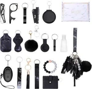 Upgraded Safety Keychain Set for Women, Wristlet Strap Keychain with Personal Alarms, Mirror, Pom Pom, etc. (18PCS)
