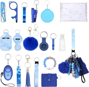 Upgraded Safety Keychain Set for Women, Wristlet Strap Keychain with Personal Alarms, Mirror, Pom Pom, etc. (18PCS)