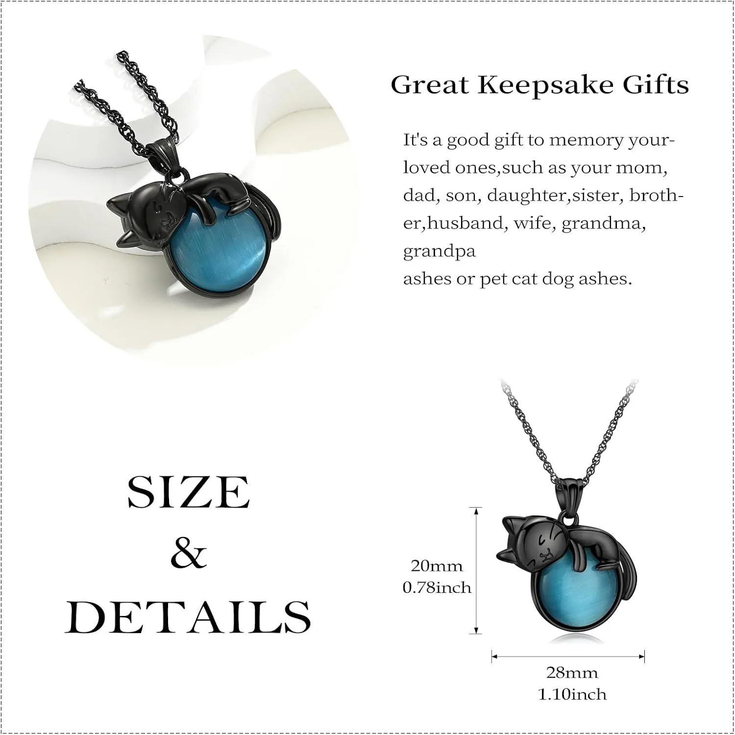 Urn Necklace for Ashes Cat Moonstone Cremation Jewelry for Pet Human Stainless Steel Memorial Urn Jewelry Keepsake Pendant for Women Men Gifts