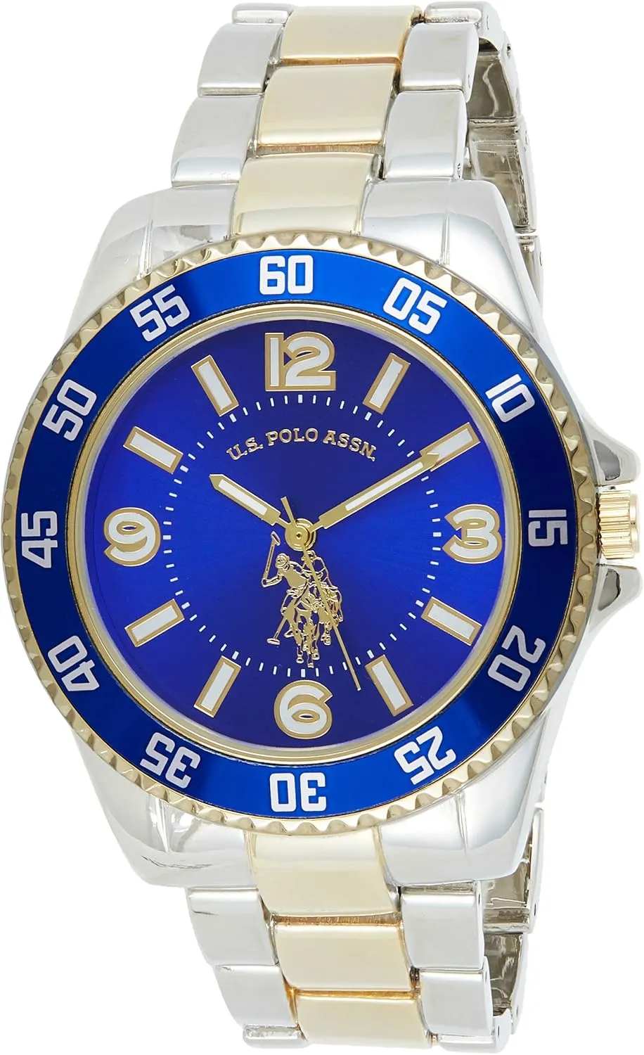 U.S. Polo Assn. Men's Two-Tone Watch with Royal Blue Dial and Fold-Over Clasp  Gold and Silver Metal Bracelet Quartz Analog Timepiece Fits Wrists 5.5"-8" with 45mm Case