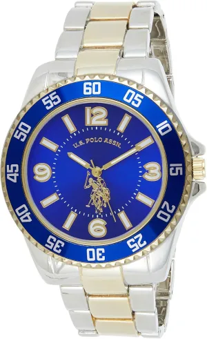 U.S. Polo Assn. Men's Two-Tone Watch with Royal Blue Dial and Fold-Over Clasp  Gold and Silver Metal Bracelet Quartz Analog Timepiece Fits Wrists 5.5"-8" with 45mm Case