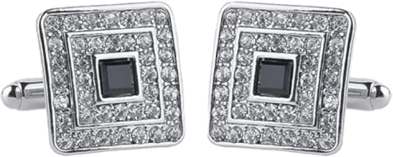 V & L Black Silver Crystal Cuff links  Fancy Unique Elegant Sparkling Luxury Gem Stone Cufflinks for men in Square - Perfect for Wedding, Formal, Suits, Business and Groom Cufflink