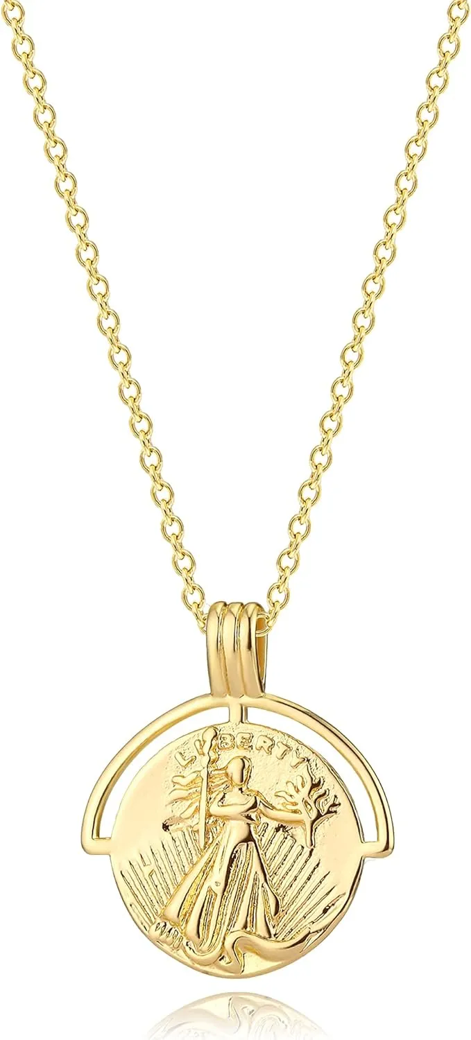 VACRONA Coin Necklace 18k Gold Plated Vintage Textured Medallion Coin Pendant Round Circle Disk Dainty Necklace for Women