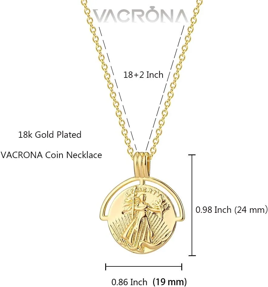 VACRONA Coin Necklace 18k Gold Plated Vintage Textured Medallion Coin Pendant Round Circle Disk Dainty Necklace for Women