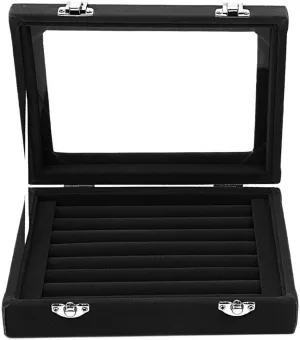 Velvet Glass Jewelry Ring Display Stand Storage Box Ring Earrings Jewelry Box Ring Holder Case for Women Girls (Black)