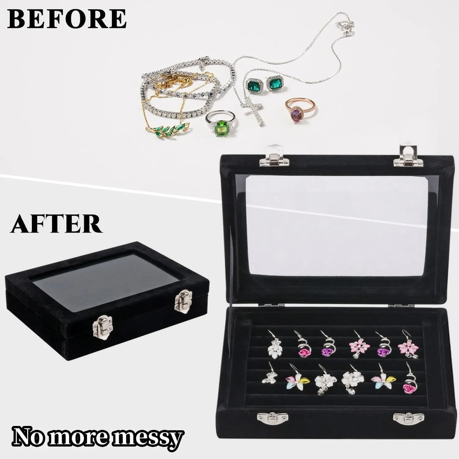 Velvet Glass Jewelry Ring Display Stand Storage Box Ring Earrings Jewelry Box Ring Holder Case for Women Girls (Black)