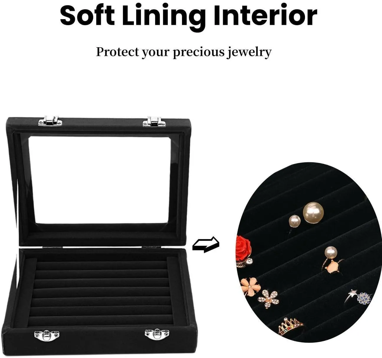 Velvet Glass Jewelry Ring Display Stand Storage Box Ring Earrings Jewelry Box Ring Holder Case for Women Girls (Black)