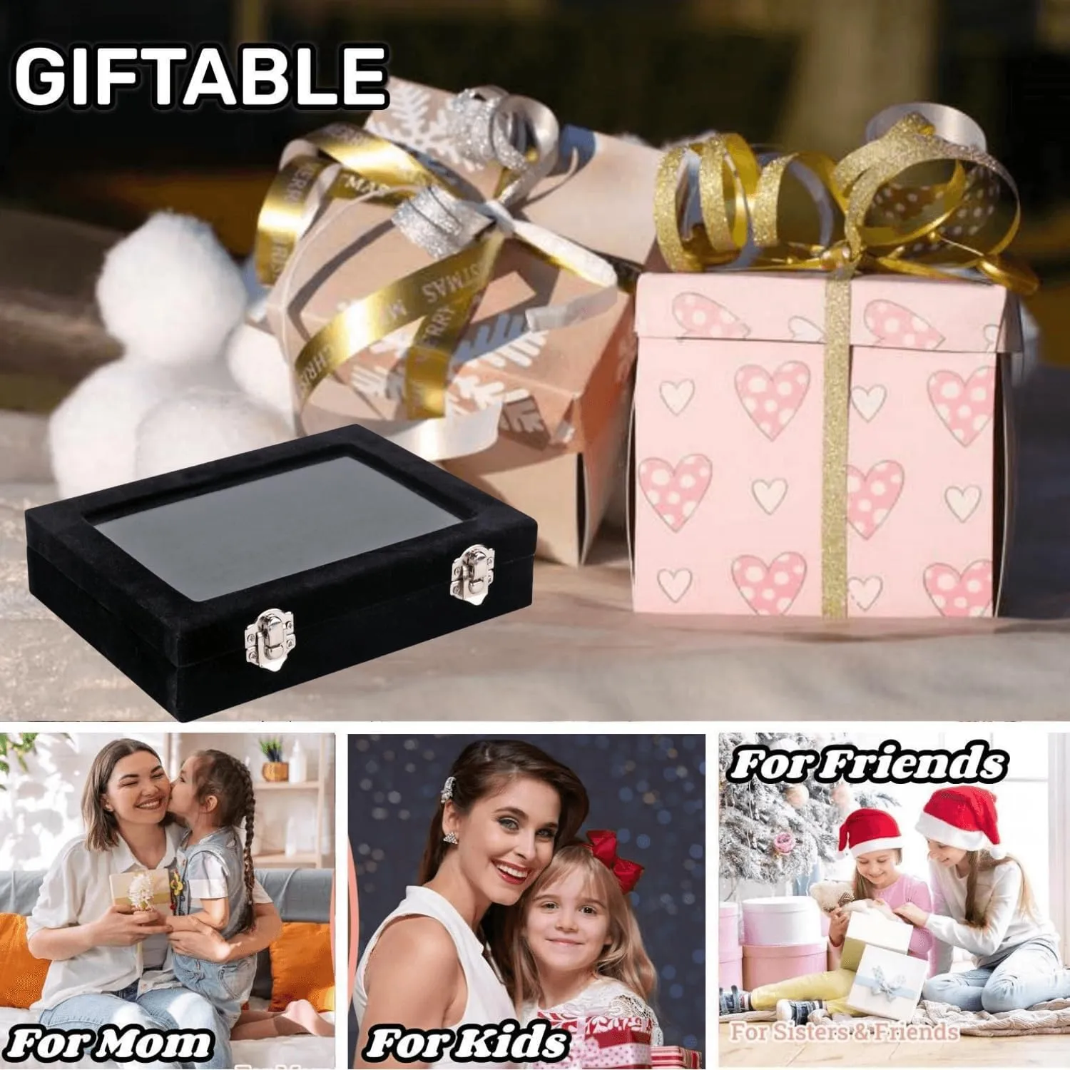 Velvet Glass Jewelry Ring Display Stand Storage Box Ring Earrings Jewelry Box Ring Holder Case for Women Girls (Black)