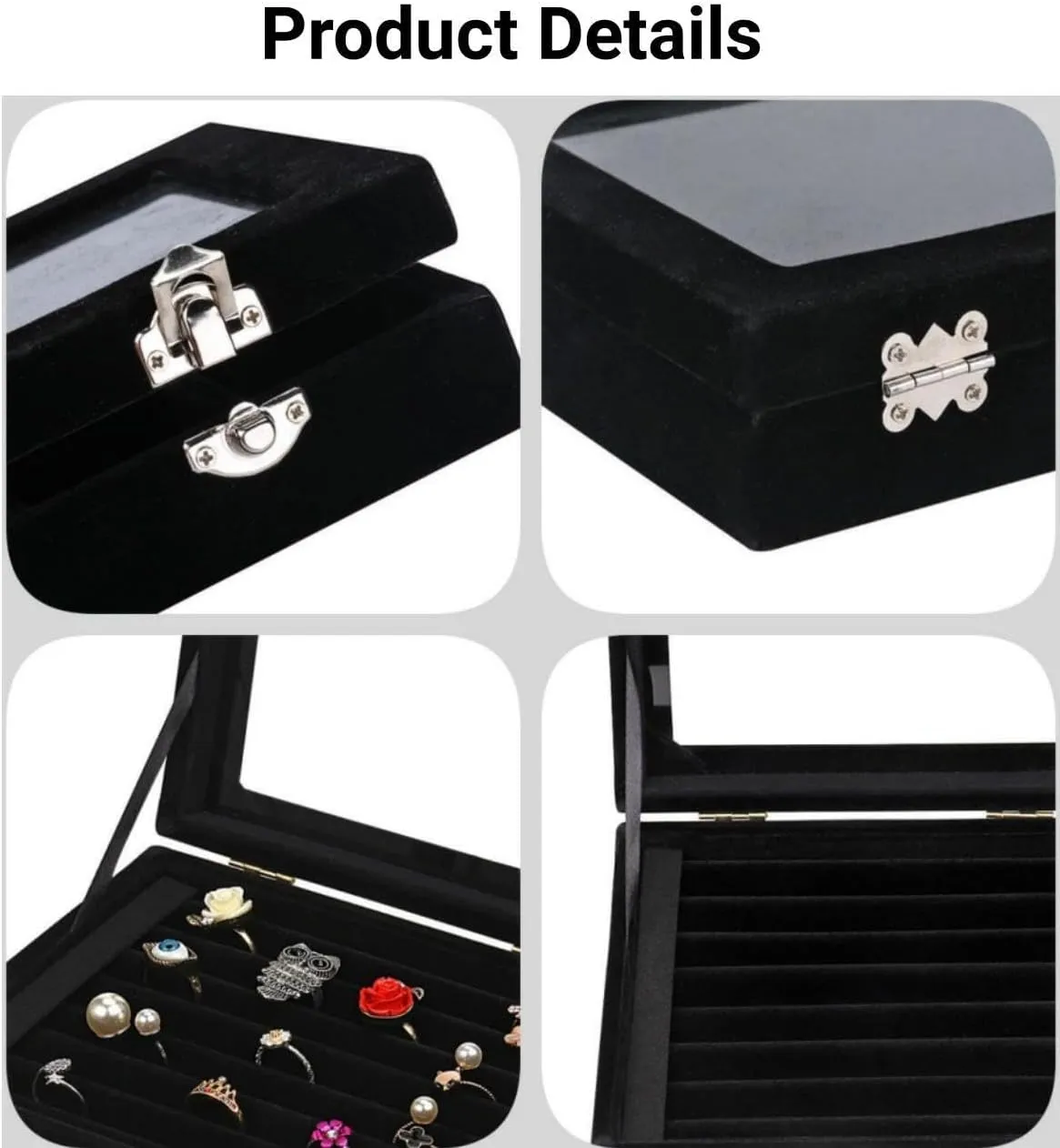 Velvet Glass Jewelry Ring Display Stand Storage Box Ring Earrings Jewelry Box Ring Holder Case for Women Girls (Black)