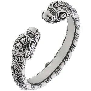 Viking Bracelet - Nordic Metal Arm Ring with Dragon Heads - Adjustable Pewter Norse Torc with Midgard Serpent Jormungandr - Scandinavian Ethnic Viking Jewelry for Men Women
