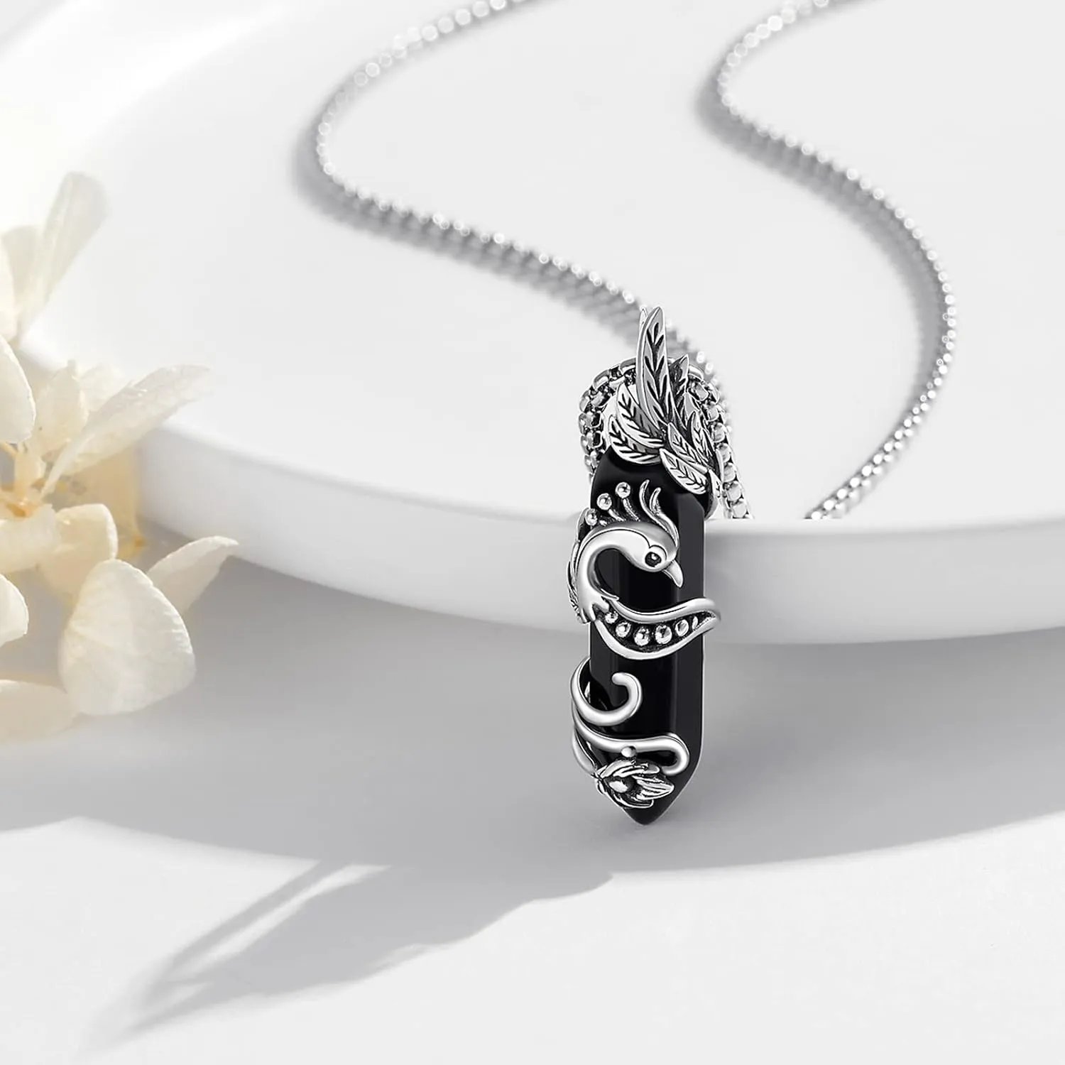 Viking Necklace Sterling Silver Raven/Phoenix/Dragon/Axolotl/Spider Pendant Black Crystal Phoenix/Dragon/Axolotl/Spider/Raven Necklace Goth Jewelry Gifts for Father Men Women