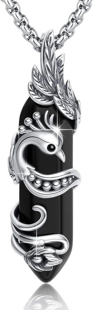 Viking Necklace Sterling Silver Raven/Phoenix/Dragon/Axolotl/Spider Pendant Black Crystal Phoenix/Dragon/Axolotl/Spider/Raven Necklace Goth Jewelry Gifts for Father Men Women