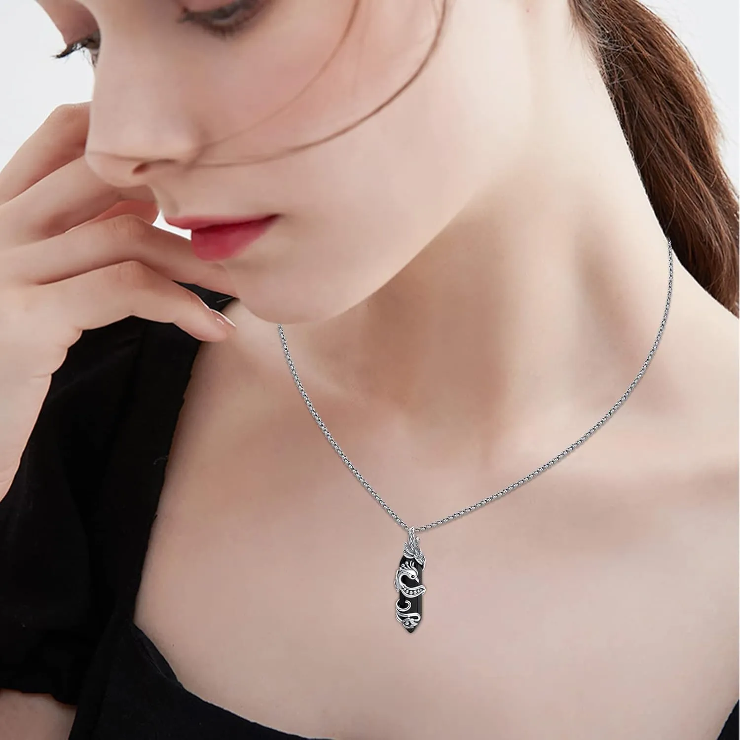 Viking Necklace Sterling Silver Raven/Phoenix/Dragon/Axolotl/Spider Pendant Black Crystal Phoenix/Dragon/Axolotl/Spider/Raven Necklace Goth Jewelry Gifts for Father Men Women