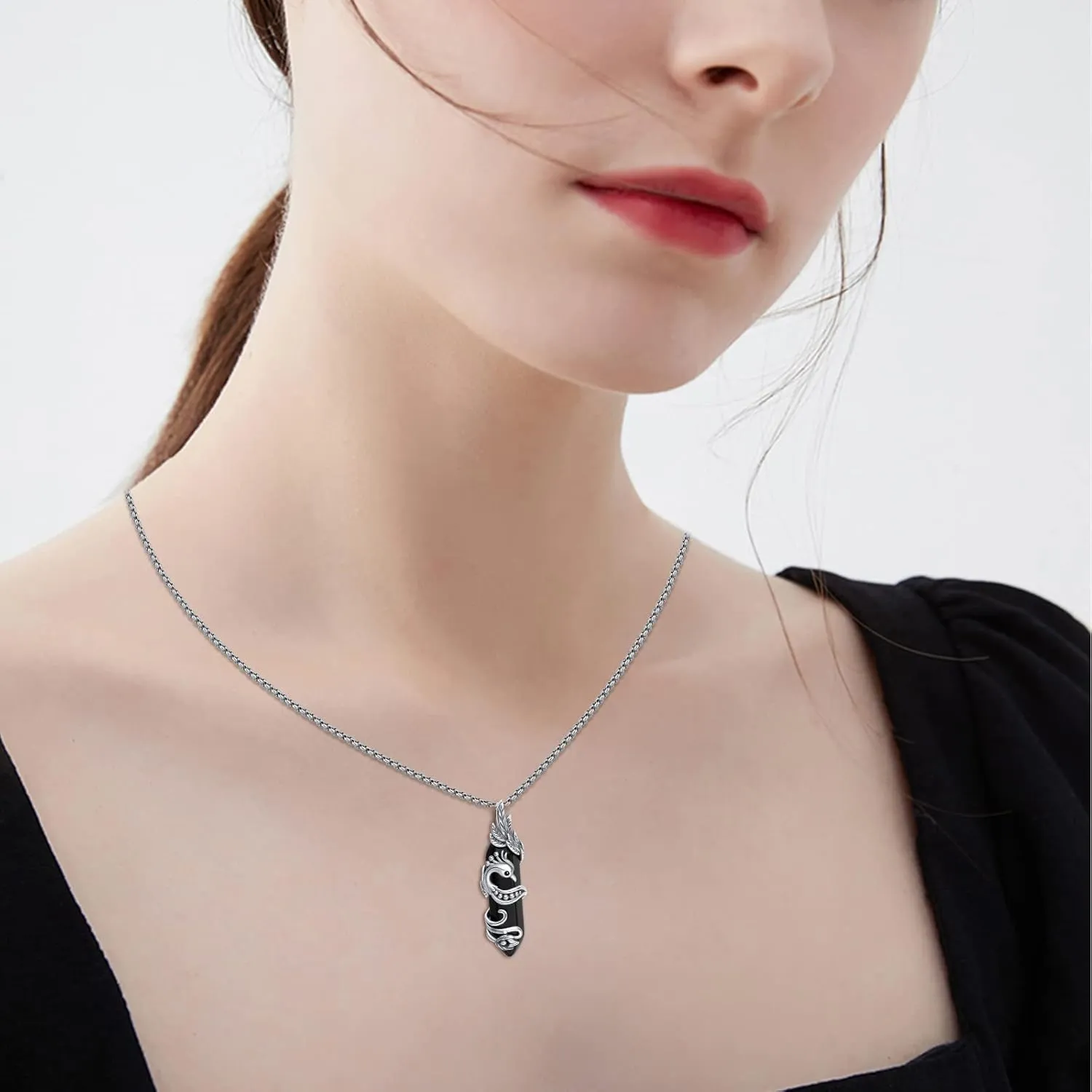 Viking Necklace Sterling Silver Raven/Phoenix/Dragon/Axolotl/Spider Pendant Black Crystal Phoenix/Dragon/Axolotl/Spider/Raven Necklace Goth Jewelry Gifts for Father Men Women