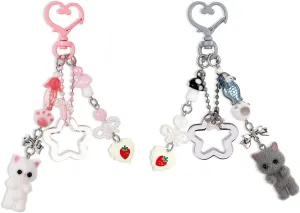 Vin Beauty 2pcs Cute Pink & Blue Fuzzy Cat Keychains - Aesthetic Y2k Heart Shaped Pendant Plush Bag Charms for Girls Bags & Backpacks Accessories