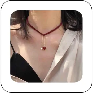 Vintage Red Heart Velvet Choker Necklace Heart Pearl Pendant Necklace Gothic Red Suede Cord Necklace Chain Short Velvet Collar Necklace Jewelry For Women