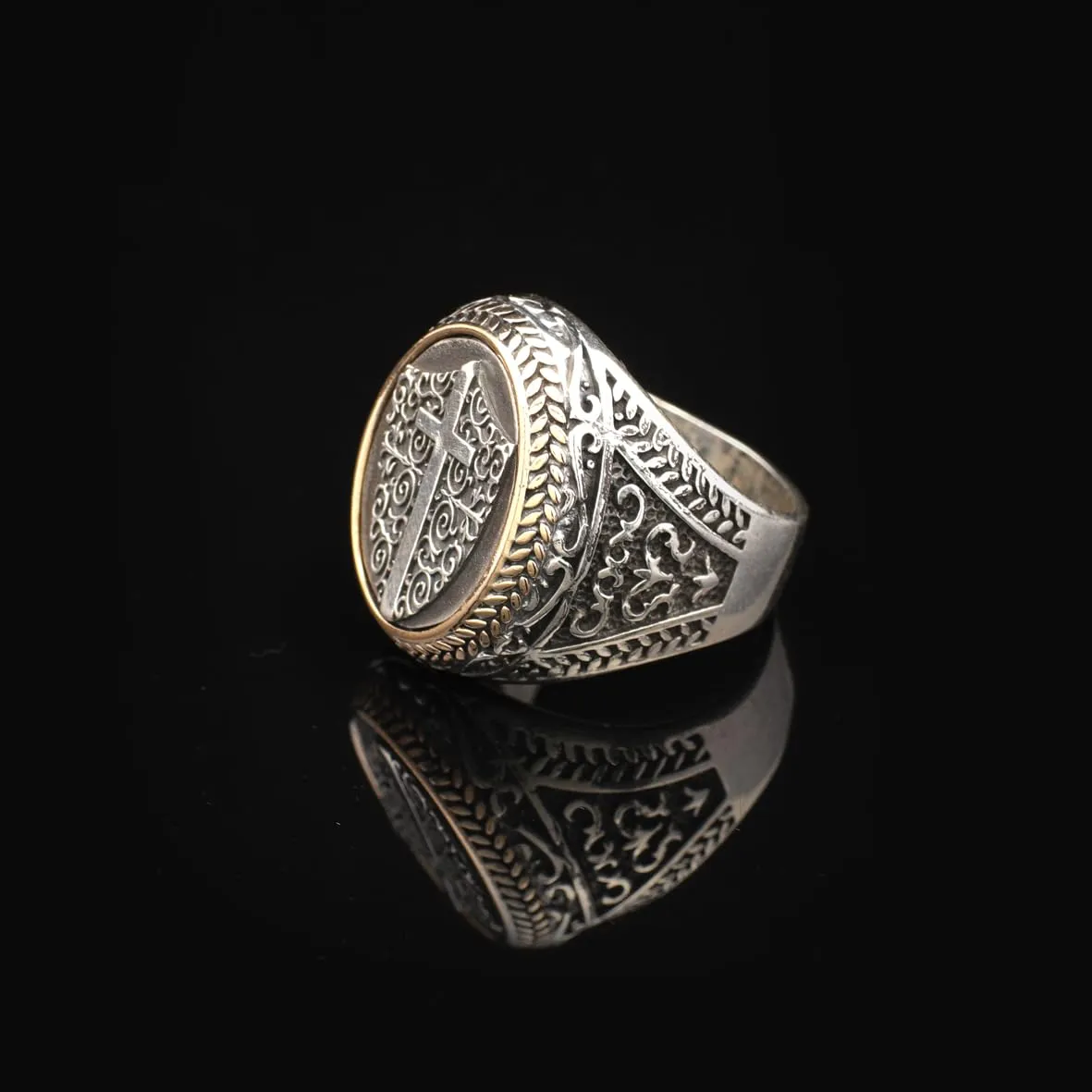 Vintage Shield Cross Signet Ring for Men - 925 Sterling Silver Christian Statement Ring - Polished Handmade Engagement Ring with Custom Engraving (7)