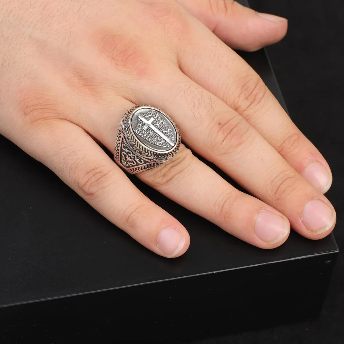 Vintage Shield Cross Signet Ring for Men - 925 Sterling Silver Christian Statement Ring - Polished Handmade Engagement Ring with Custom Engraving (7)