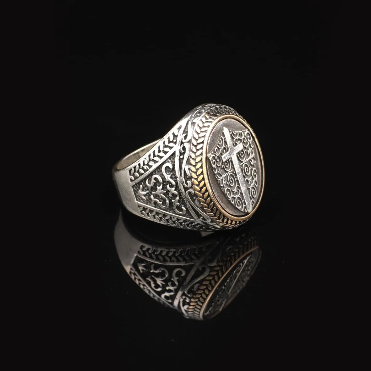 Vintage Shield Cross Signet Ring for Men - 925 Sterling Silver Christian Statement Ring - Polished Handmade Engagement Ring with Custom Engraving (7)