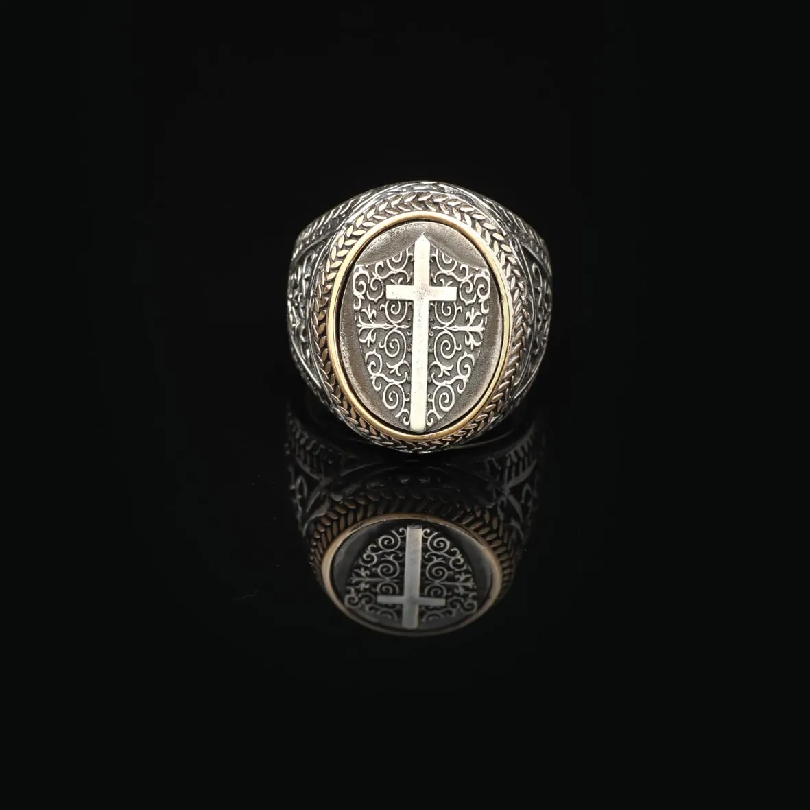 Vintage Shield Cross Signet Ring for Men - 925 Sterling Silver Christian Statement Ring - Polished Handmade Engagement Ring with Custom Engraving (7)