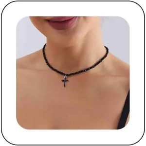 Vintage Spinel Choker Necklace Black Crystal Cross Pendant Necklace Spinel Beaded Chain Necklace Faith Cross Necklace Black Beads Necklace Jewelry for Women