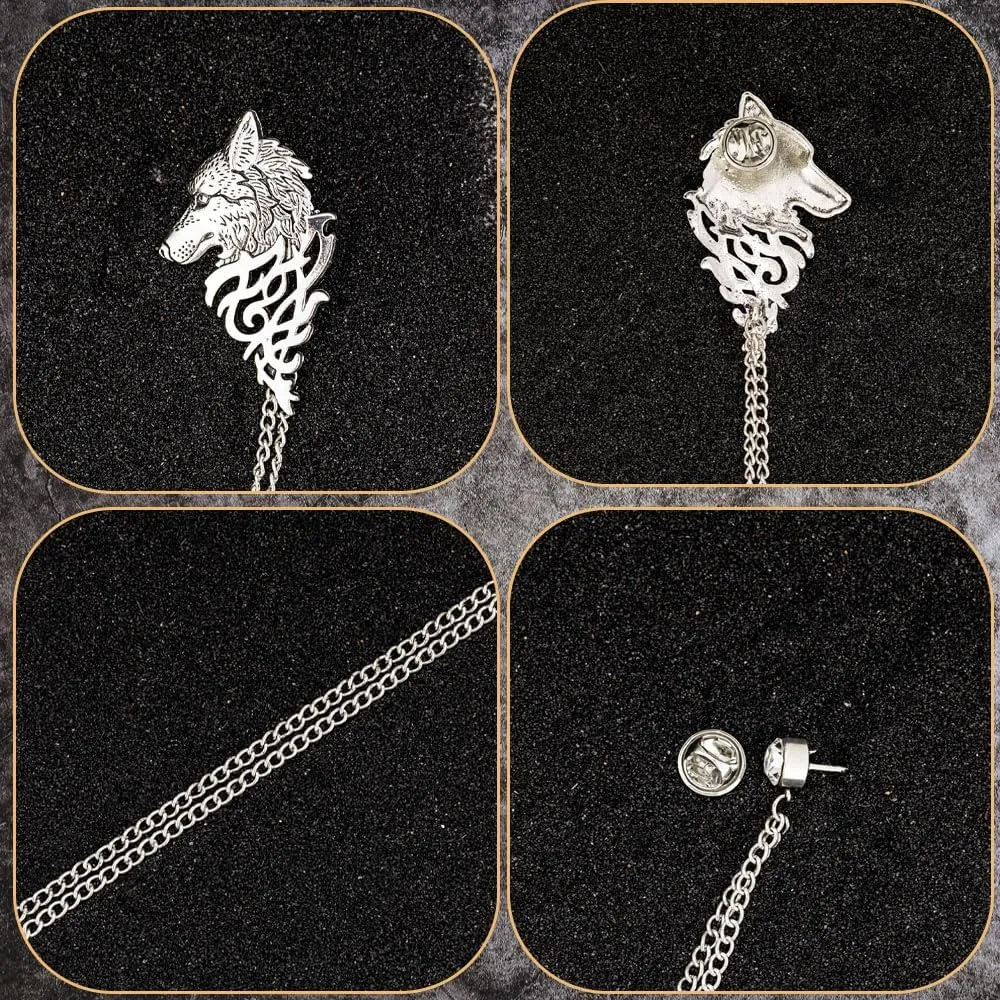 Vintage Wolf Head Suit Pin with Double Hanging Chains Brooch Collar Lapel Pin for Men Shirt Tuxedo Tie Stud Tassel Accessories Jewelry Gifts