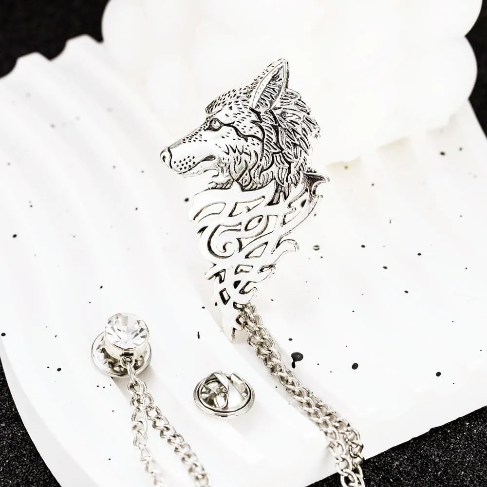 Vintage Wolf Head Suit Pin with Double Hanging Chains Brooch Collar Lapel Pin for Men Shirt Tuxedo Tie Stud Tassel Accessories Jewelry Gifts