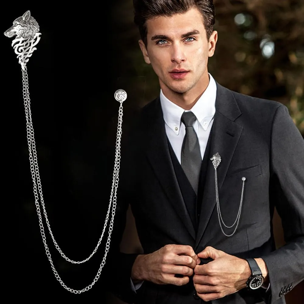 Vintage Wolf Head Suit Pin with Double Hanging Chains Brooch Collar Lapel Pin for Men Shirt Tuxedo Tie Stud Tassel Accessories Jewelry Gifts
