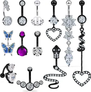 Vsnnsns 14G Belly Button Rings Belly Rings for Women Stainless Steel CZ Belly Button Piercing Jewelry Belly Bars Snake Reverse Curved Navel Ring Barbell Body Jewelry Piercing for Women Men 12Pcs