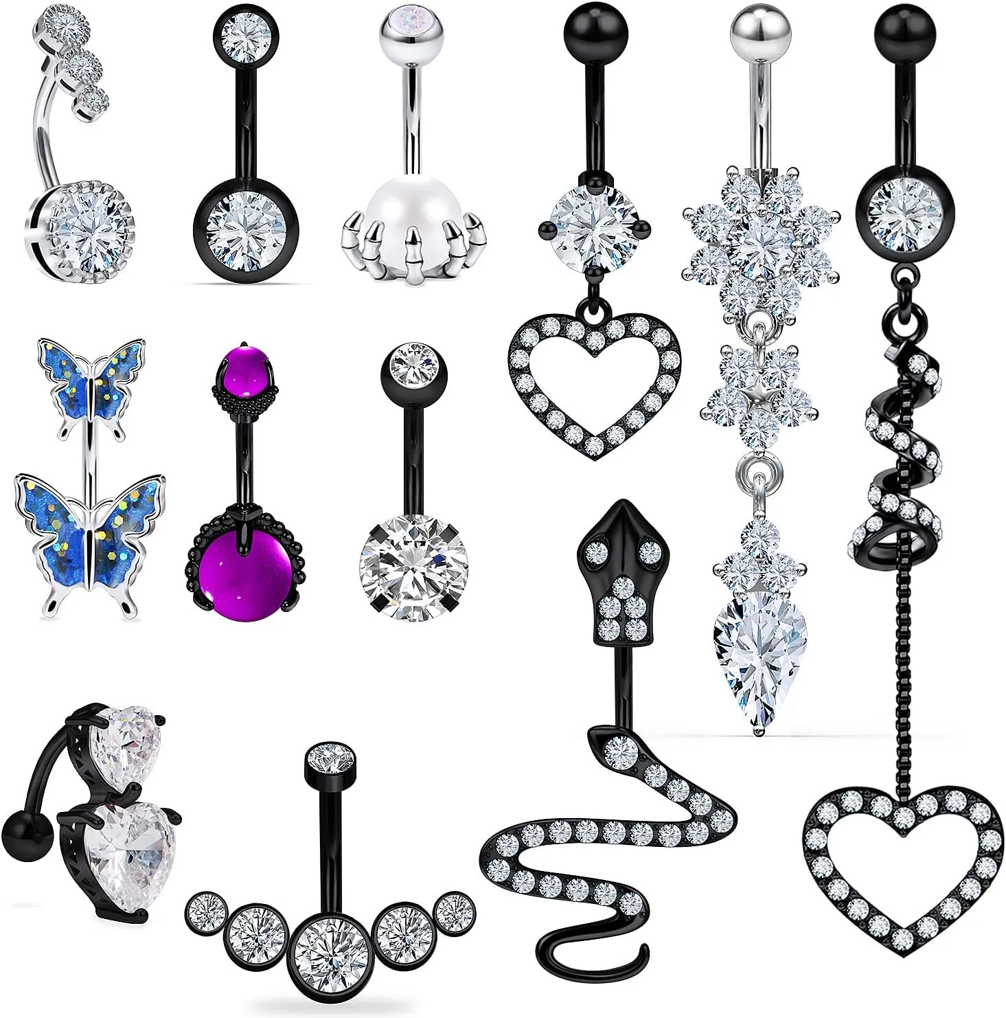 Vsnnsns 14G Belly Button Rings Belly Rings for Women Stainless Steel CZ Belly Button Piercing Jewelry Belly Bars Snake Reverse Curved Navel Ring Barbell Body Jewelry Piercing for Women Men 12Pcs