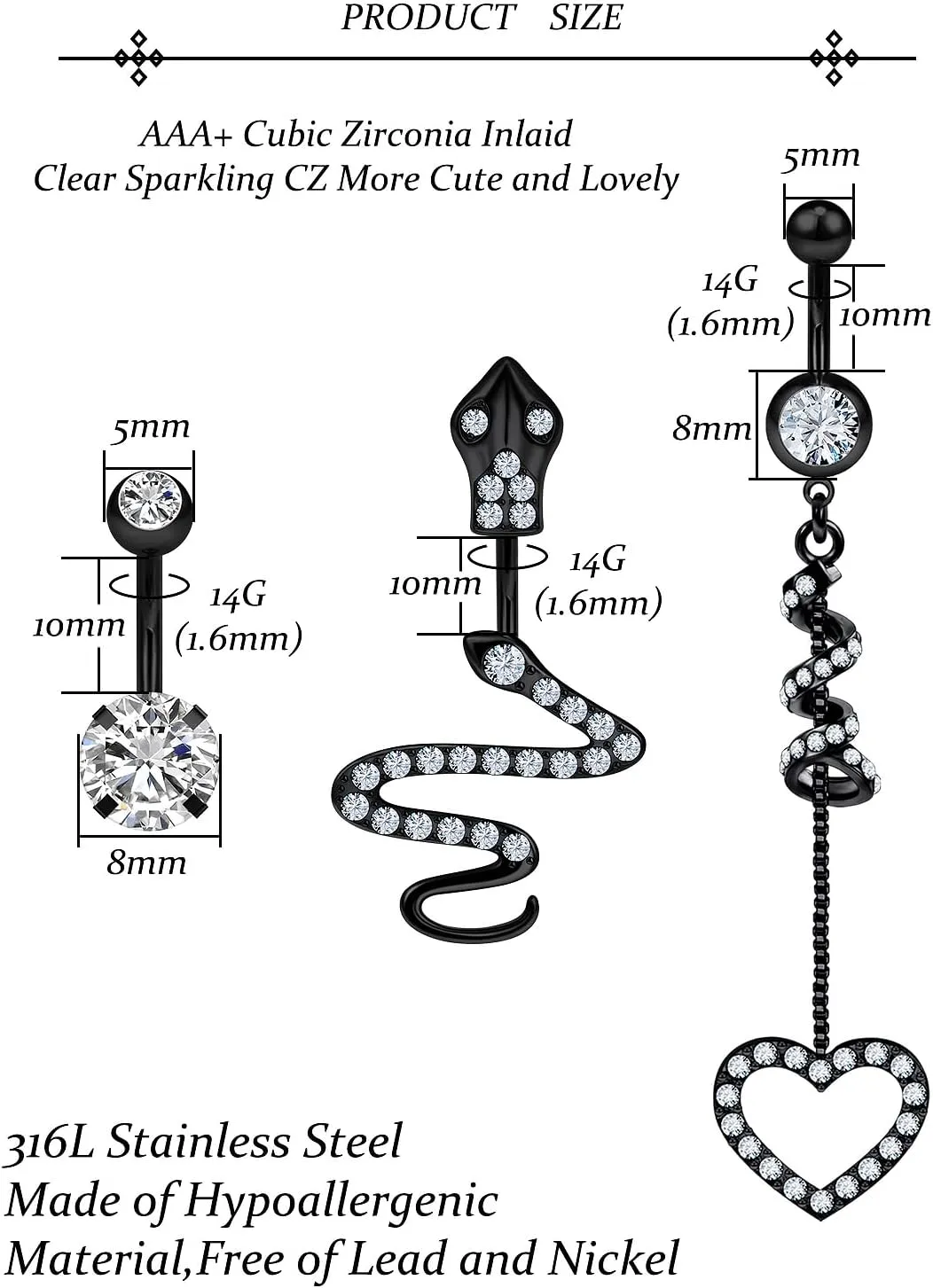 Vsnnsns 14G Belly Button Rings Belly Rings for Women Stainless Steel CZ Belly Button Piercing Jewelry Belly Bars Snake Reverse Curved Navel Ring Barbell Body Jewelry Piercing for Women Men 12Pcs