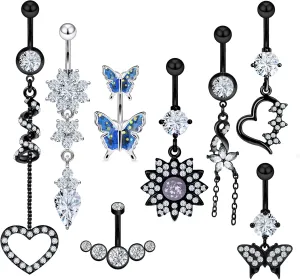 Vsnnsns 14G Dangle Belly Button Ring Piercing Jewelry 316L Stainless Surgical Steel Heart Butterfly Flower Diamond CZ Navel Rings Dangling Belly Button Ring Piercing Jewelry for Women 14 Gauge