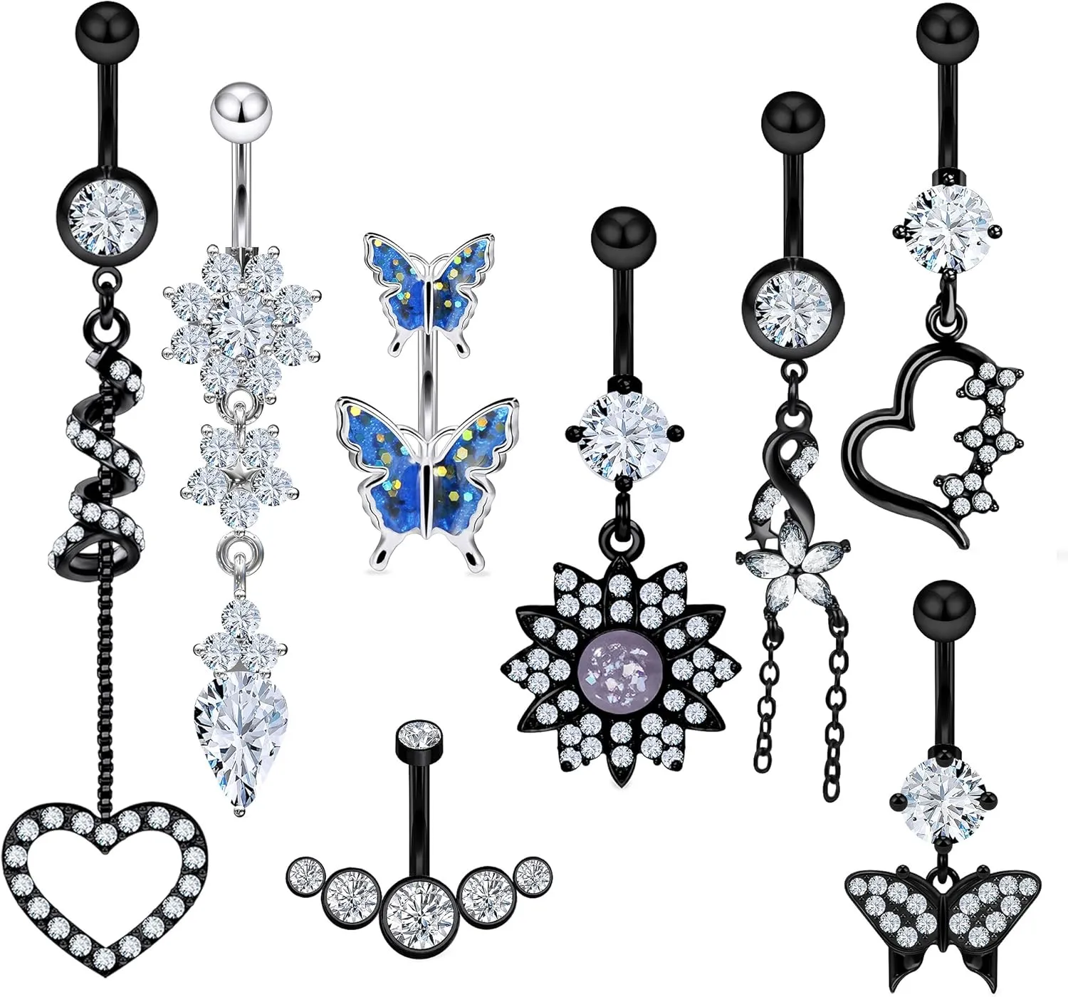 Vsnnsns 14G Dangle Belly Button Ring Piercing Jewelry 316L Stainless Surgical Steel Heart Butterfly Flower Diamond CZ Navel Rings Dangling Belly Button Ring Piercing Jewelry for Women 14 Gauge