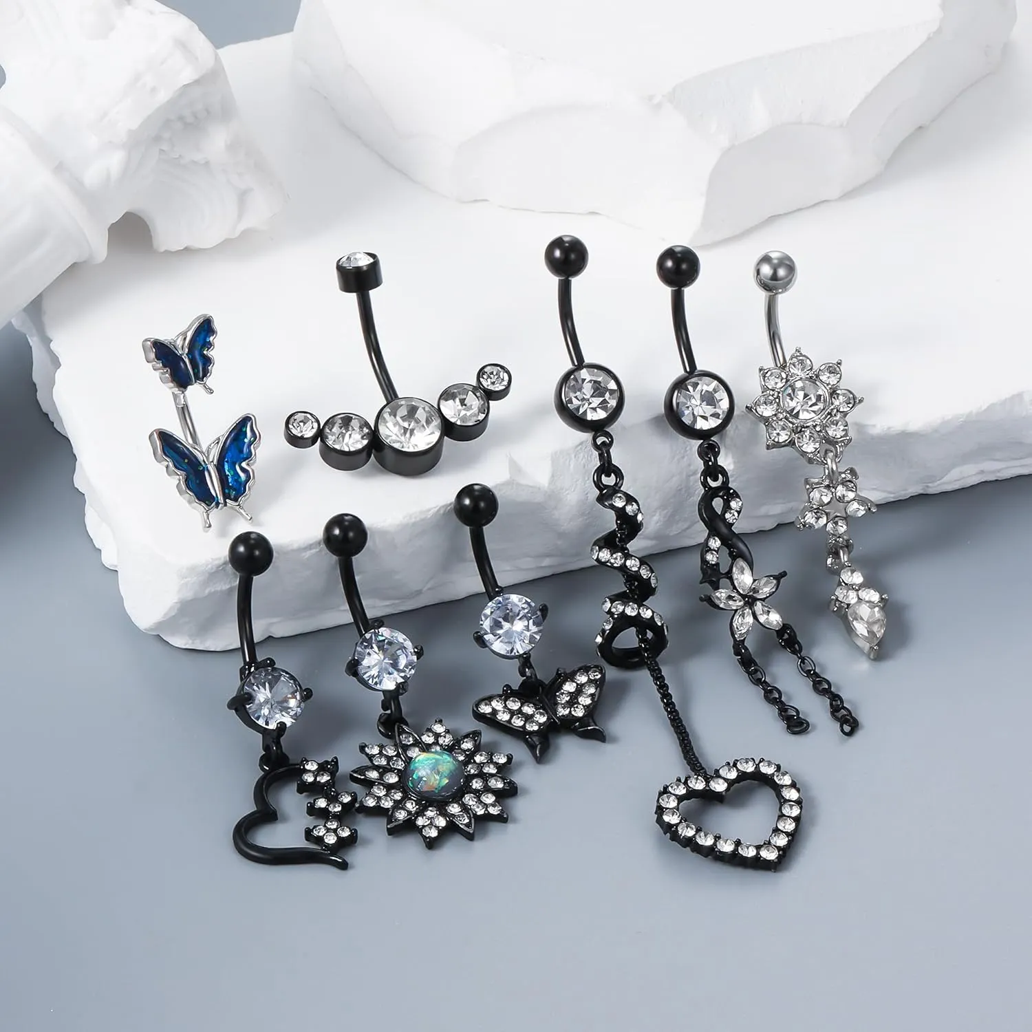 Vsnnsns 14G Dangle Belly Button Ring Piercing Jewelry 316L Stainless Surgical Steel Heart Butterfly Flower Diamond CZ Navel Rings Dangling Belly Button Ring Piercing Jewelry for Women 14 Gauge
