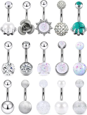 Vsnnsns 14G Dangle Belly Button Ring Piercing Jewelry 316L Stainless Surgical Steel Heart Flower CZ Reverse Navel Rings Dangling Belly Button Ring Piercing Jewelry for Women 14 Gauge Hypoallergenic