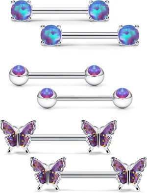 Vsnnsns 14G Nipple Rings for Women Stainless Steel Butterfly Nipple Rings Opal Nipple Piercing Jewelry Straight bar Nipple Rings Surgical Steel Nipple Jewelry Barbell Body Piercing Jewelry 3 Pairs