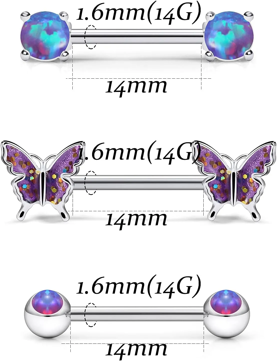 Vsnnsns 14G Nipple Rings for Women Stainless Steel Butterfly Nipple Rings Opal Nipple Piercing Jewelry Straight bar Nipple Rings Surgical Steel Nipple Jewelry Barbell Body Piercing Jewelry 3 Pairs