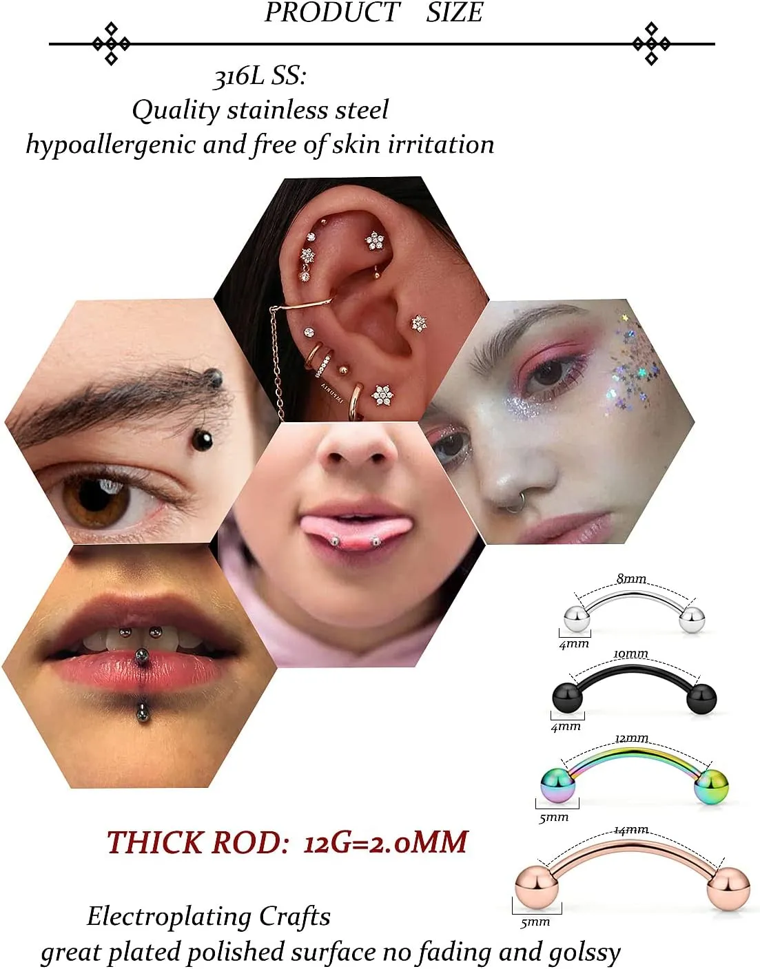 Vsnnsns 20G 16G 14G 12G Eyebrow Piercing Jewelry Surgical Steel Curved Barbell Eyebrow Ring Vertical Labret Lip Jewelry Rook Daith Earrings Piercing Jewelry for Women Men 6mm 8mm 10mm 12mm 14mm