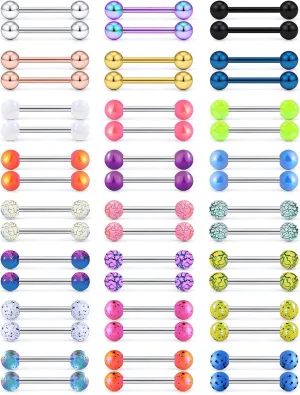 Vsnnsns 24 Pairs 14G Tongue Rings Nipple Piercing Jewelry Surgical Steel Straight Barbell Tongue Rings Glow in Dark Nipple Piercing Jewelry for Women Men 14 Gauge 14MM 16MM