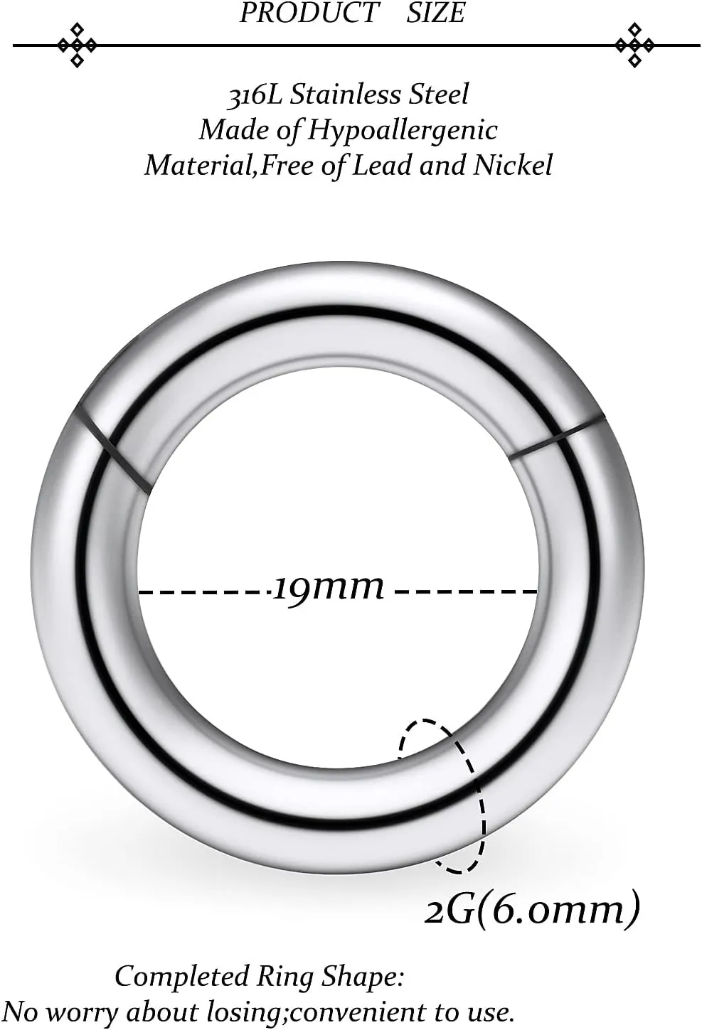 Vsnnsns 2G 4G 6G 8G 12G Septum Rings Surgical Steel Heavy Gauges Earrings for Stretching Hinged Segment Clicker Septum Nose Rings Weights Earrings Hoops Diameter 14mm 16mm 19mm Silver