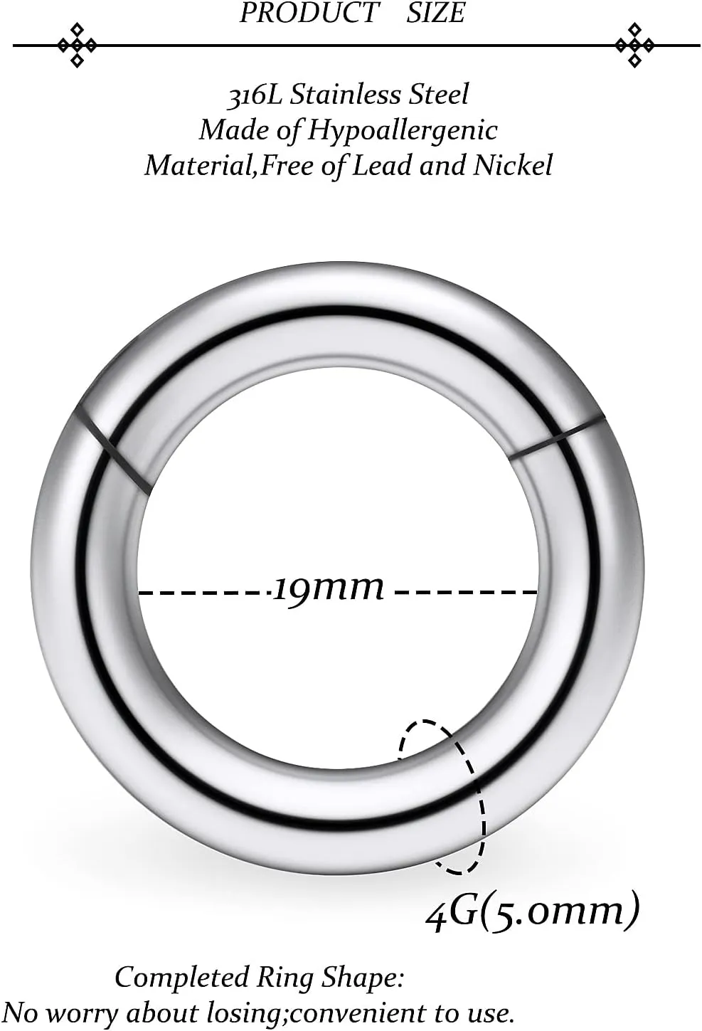 Vsnnsns 2G 4G 6G 8G 12G Septum Rings Surgical Steel Heavy Gauges Earrings for Stretching Hinged Segment Clicker Septum Nose Rings Weights Earrings Hoops Diameter 14mm 16mm 19mm Silver