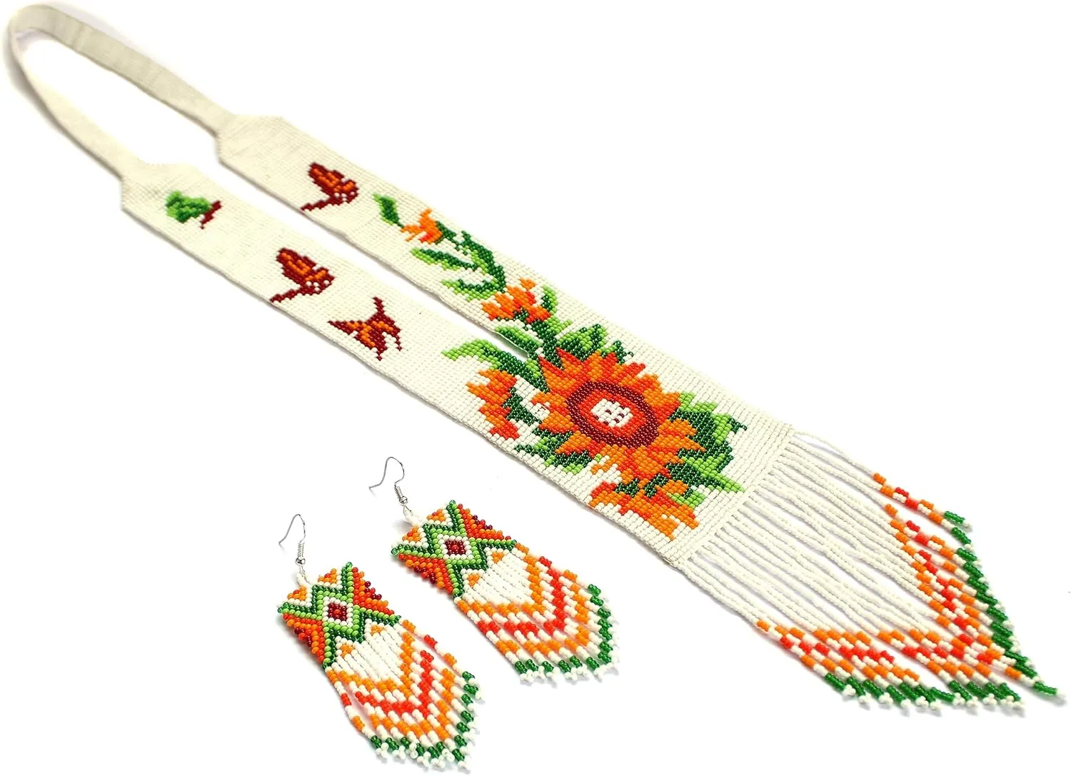 Weavish Long Beaded Necklace  Boho Native Handmade Seed Bead Tassel Necklace, Bohemian Large Statement Beaded Necklace for Women