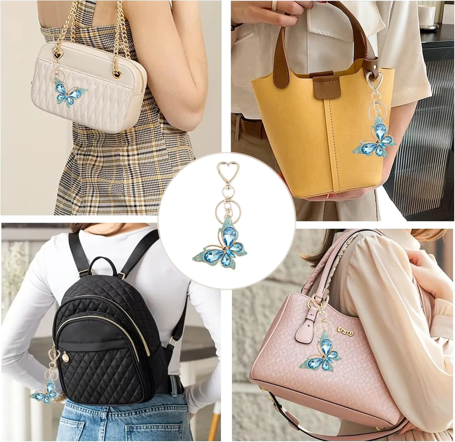 Weixiltc Charm Keychain for Women, Cute Heart Key Chain with Diamond Butterfly Pendant, Lovely Bag & Purse Keyring Accessory