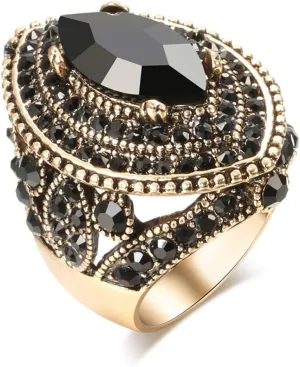 Women Ring - 32mm Big Size Antique Gold Plated Turkish Style Black Gemstone Vintage Ring Women Jewelry J0769BLK