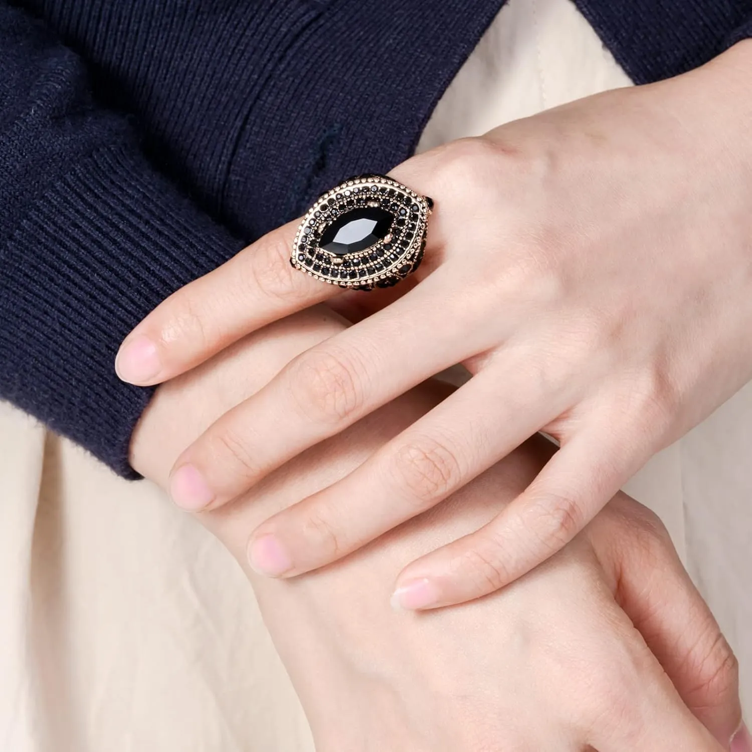 Women Ring - 32mm Big Size Antique Gold Plated Turkish Style Black Gemstone Vintage Ring Women Jewelry J0769BLK