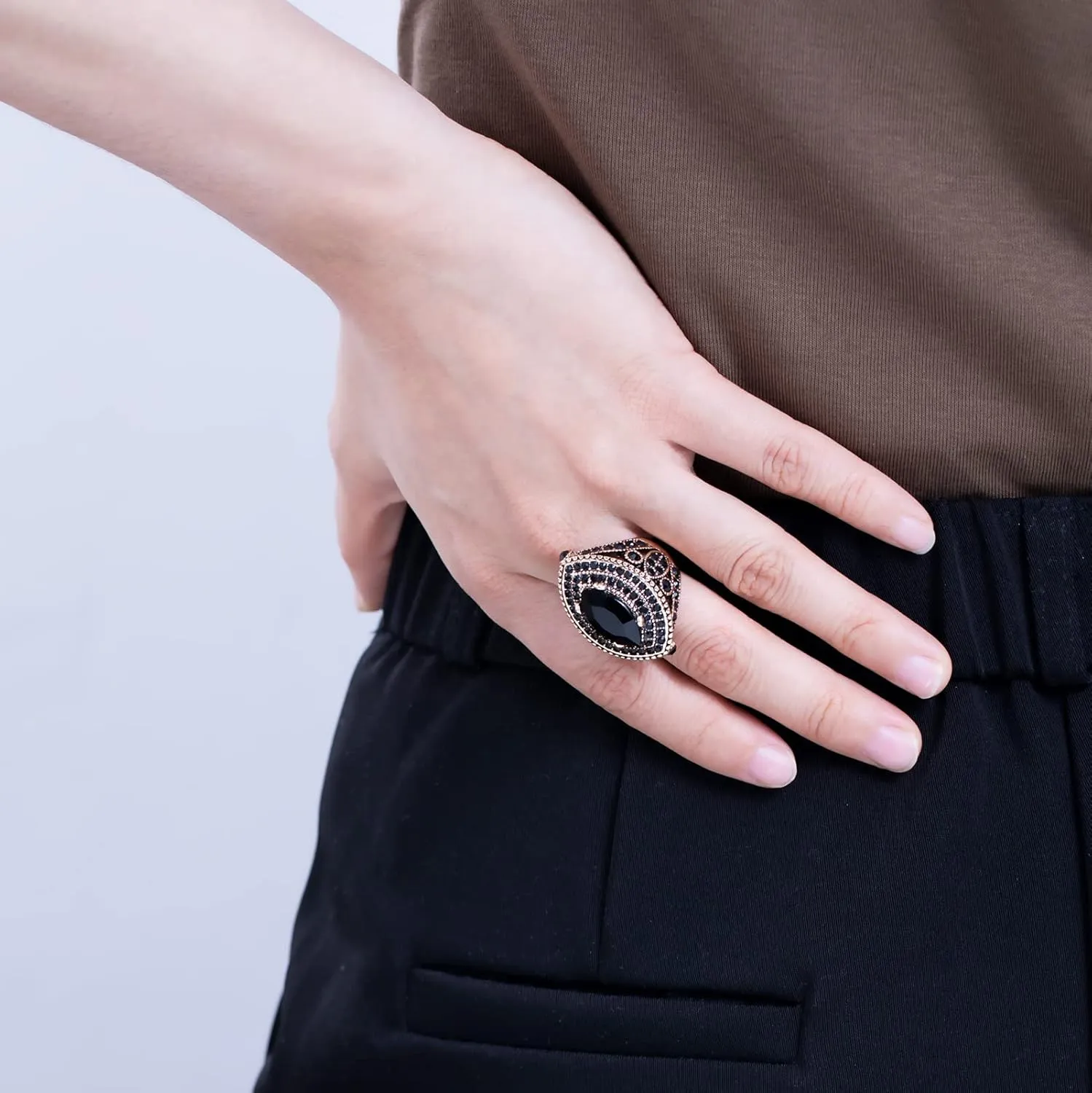 Women Ring - 32mm Big Size Antique Gold Plated Turkish Style Black Gemstone Vintage Ring Women Jewelry J0769BLK